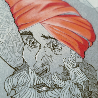 Linework stage of the Dada Gunamuktananda portrait